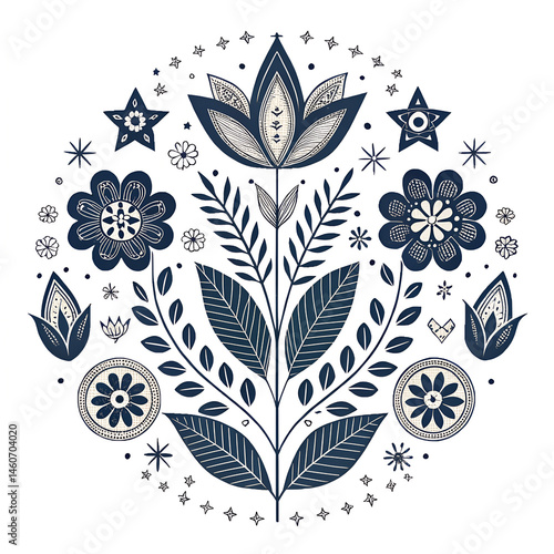 Symmetrical Scandinavian Folk Art Floral Design in Navy Blue and White with Ornamental Botanical Motifs

