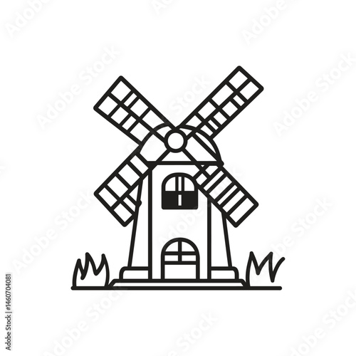 Minimalist Line Art Windmill Icon with Simple Detailing on Transparent Background