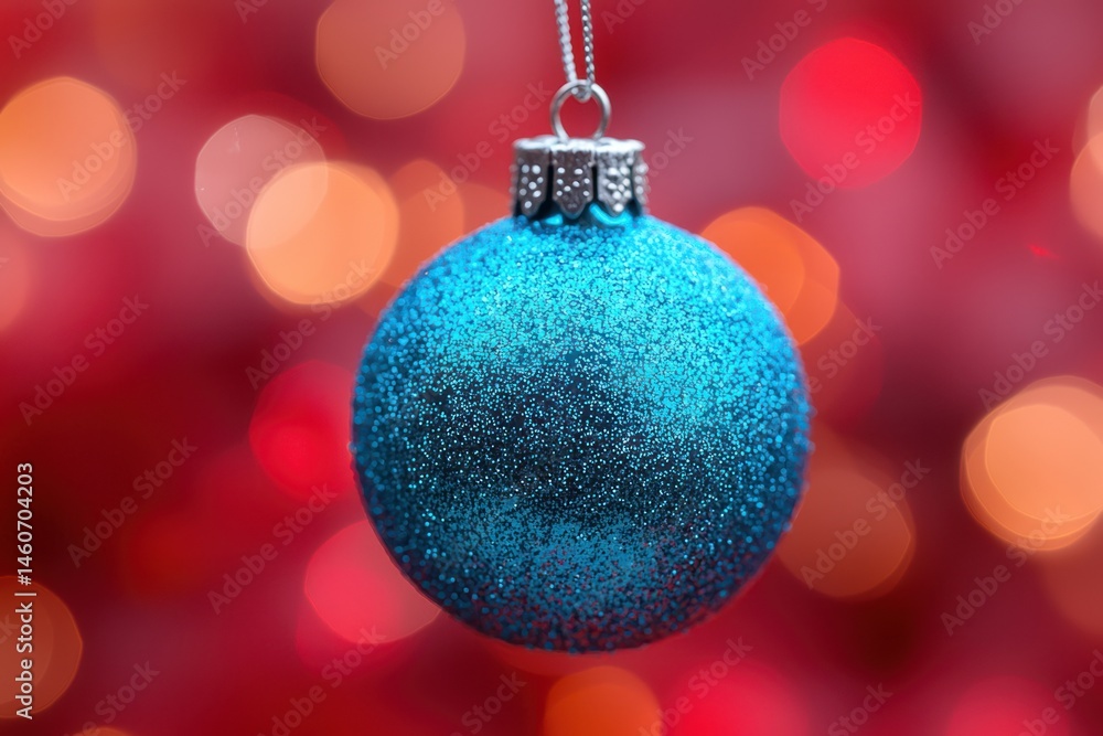 Fototapeta premium Teal sparkly Christmas bauble hangs against blurred red and orange lights