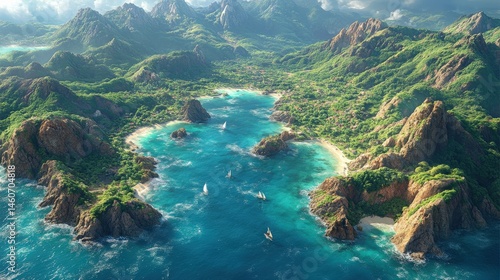 Scenic tropical bay with lush mountains and crystal-clear turquoise water