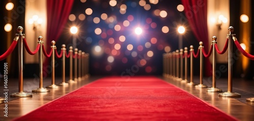 A long red carpet flanked by golden stanchions with velvet ropes leads to a brightly lit backdrop © Ayahe Stock