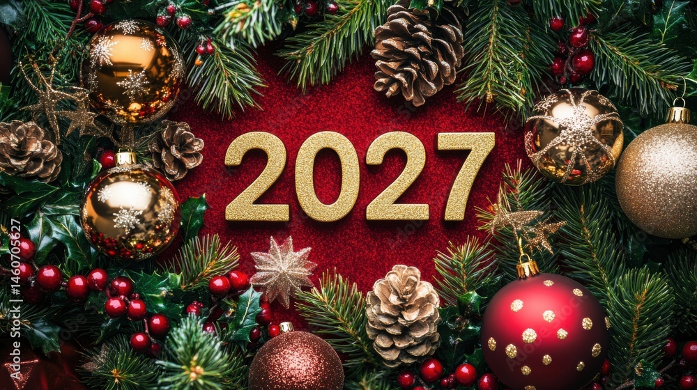 Golden numerals display the year 2027, adorned with pine branches, festive ornaments, and pine cones, creating a rich and inviting holiday atmosphere ready for celebrations Golden numerals display the year 2027, adorned with pine branches, festive ornaments, and pine cones, creating a rich and inviting holiday atmosphere ready for celebrations