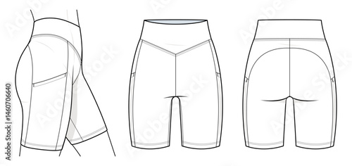 High-Waist Biker Shorts Technical Fashion Illustration. Women’s Compression Shorts Vector Template. Fashion Flats. Side, Front, and Back View. Activewear. CAD Mockup Set.
