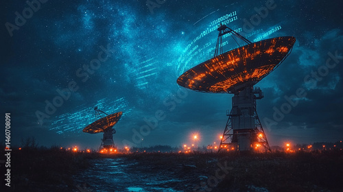 Radio telescopes scanning starry night sky, data stream, observatory field