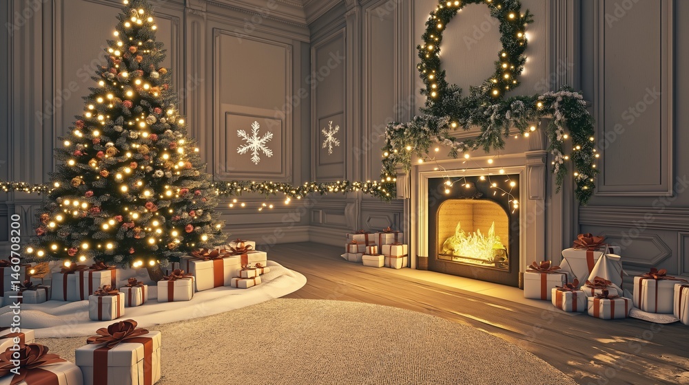 custom made wallpaper toronto digitalA luxurious Christmas-themed living room with elegant holiday decorations, including a beautifully lit Christmas tree, festive garlands, and a cozy fireplace. 