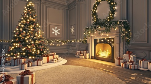 Wallpaper Mural A luxurious Christmas-themed living room with elegant holiday decorations, including a beautifully lit Christmas tree, festive garlands, and a cozy fireplace.  Torontodigital.ca