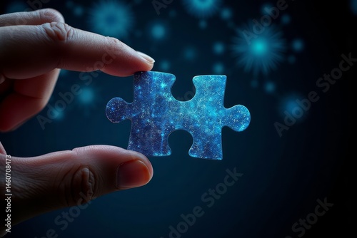 Hand holding a digital puzzle piece, showing interconnected network.