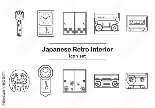 昭和レトロな日本のインテリアアイコンセット｜こけし、ダルマ、柱時計、ふすま、ラジカセ、カセットテープ