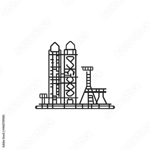 Minimalist oil refinery with towers and stairways against transparent backdrop