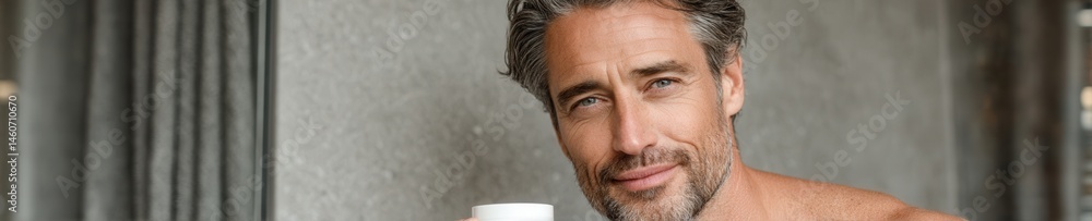 Fototapeta premium Confident middle-aged man with healthy skin holding skincare product in a naturally lit bathroom, showcasing realistic texture and self-care.