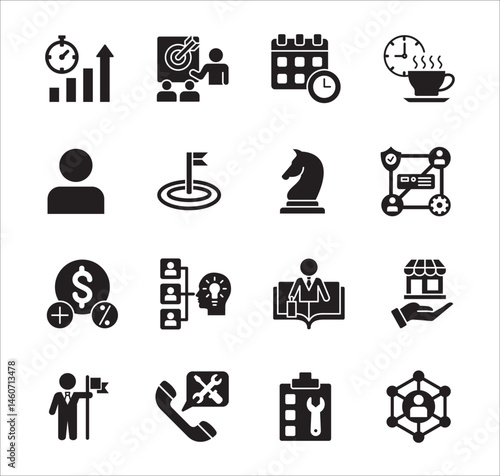 Business management flat icon set. Contains icon of businessman, target, accounting, finance, profit, success, data, customer service, work, store, shop, meeting, education, idea. Vector illustration