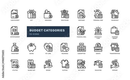 budget categories finance money management and tracking expense outline line icon set