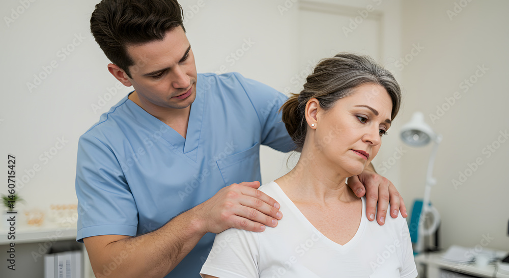 Obraz premium Chiropractic Relief: A chiropractor tending to an patient, a moment of compassionate care and healing, highlighting the significance of physical wellbeing
