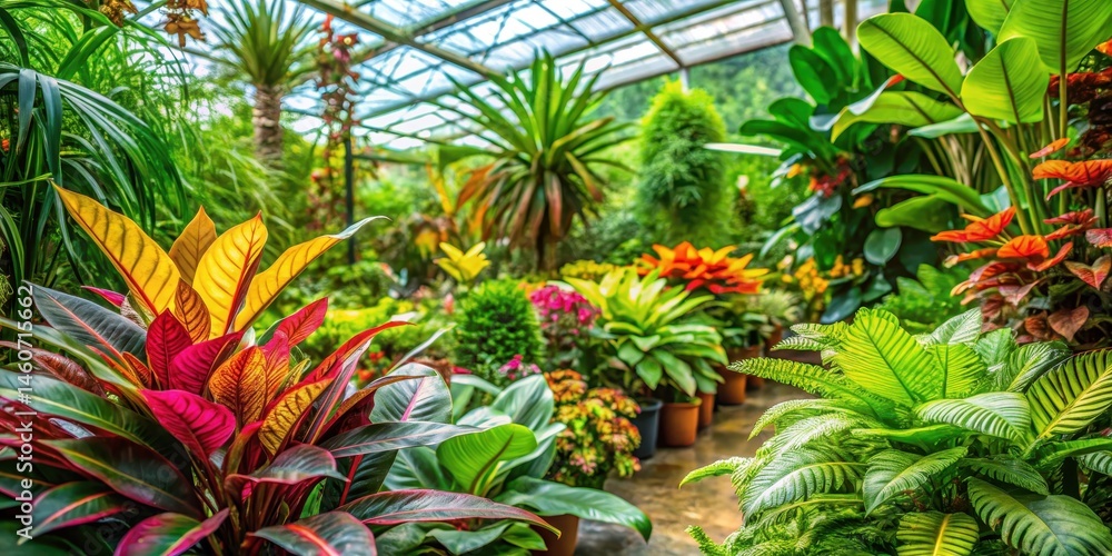 Fototapeta premium Exotic lush tropical green plant surrounded by vibrant colorful botanicals in a serene greenhouse garden atmosphere, environment, greenery