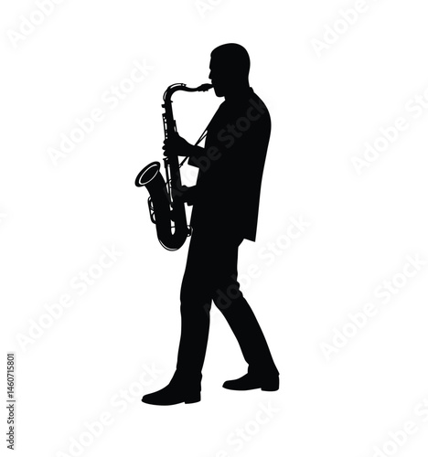 Saxophone player silhouette. This image features the dark outline of a musician playing the saxophone, emphasizing performance, jazz, melody, and artistic expression.  clipart illustration design.