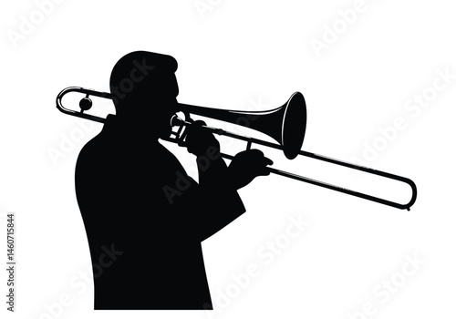Trombone player silhouette. This image showcases the dark outline of a musician playing the trombone, brass performance, musical expression, and artistic creativity.  clipart illustration design.