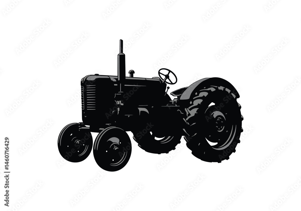 Obraz premium Vintage tractor silhouette. This image features the dark outline of an old-fashioned farming tractor, rugged design, large wheels, and classic agricultural machinery. clipart illustration design.
