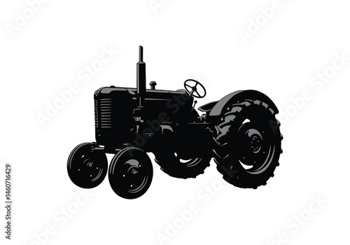 Vintage tractor silhouette. This image features the dark outline of an old-fashioned farming tractor, rugged design, large wheels, and classic agricultural machinery.  clipart illustration design.