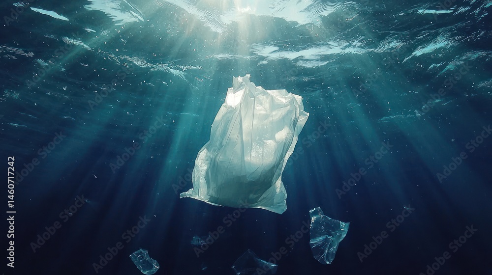 Fototapeta premium A plastic bag floating in the ocean, surrounded by debris