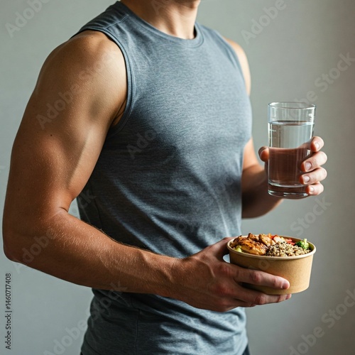 Healthy male figure holding a bowl of healthy food and a glass of water.