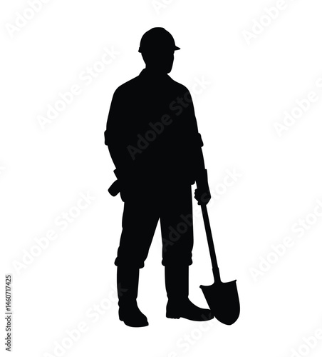Construction worker silhouette. This image shows a silhouette of a construction worker holding a shovel, representing manual labor, building tasks, and site preparation.  clipart illustration design.