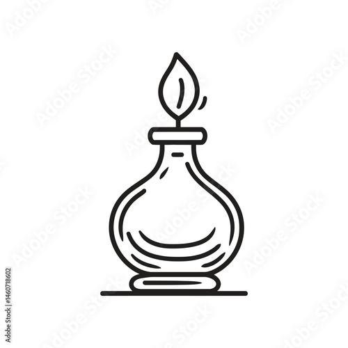 Minimalist Outline Vintage Oil Lamp with Burning Flame on Transparent Background