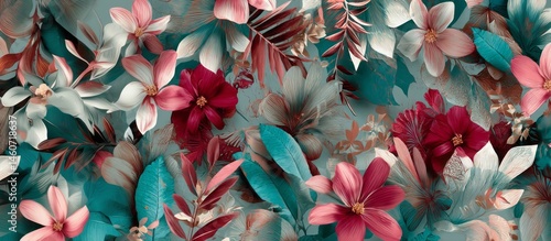 a collection of flowers and leaves in a variety of colors.