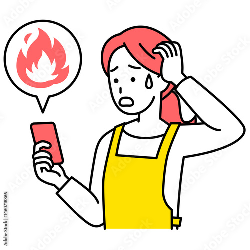 SNSが炎上して困惑しているエプロン姿の女性（スマートフォン）