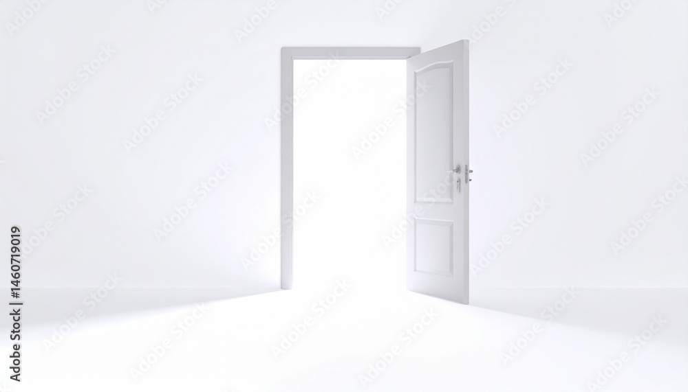 Empty door opened light. Light shining through open door. 3D realistic illustration Empty door opened light. Light shining through open door. 3D realistic illustration