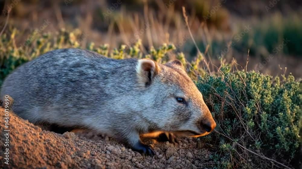 A close-up of a wombat resting on a sandy mound, surrounded by lush greenery at sunset A close-up of a wombat resting on a sandy mound, surrounded by lush greenery at sunset