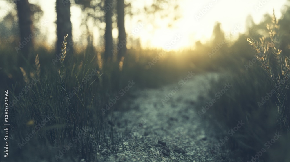 Fototapeta premium Soft light shines through tall trees as a winding path leads into the peaceful forest, creating a calm atmosphere at sunset