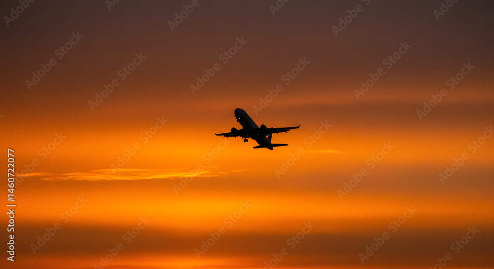 Airplane Silhouette at Sunset, Taking Off Airplane Silhouette at Sunset, Taking Off