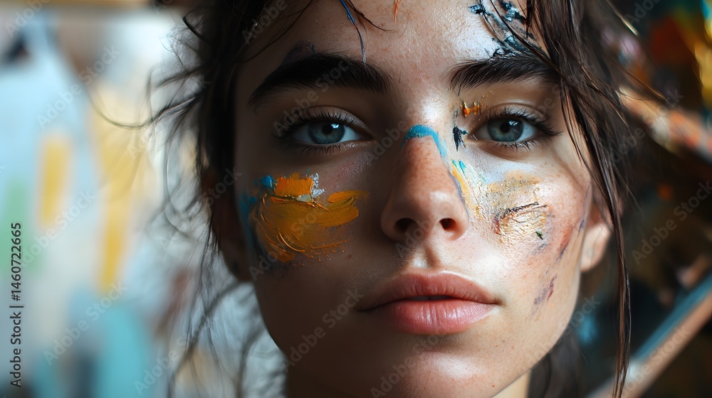 Artist's Face with Paint Smudges: Portrait of an artist's face, with paint smudges on cheeks and a creative, thoughtful expression, set in an art studio.
Artist's Face with Paint Smudges: Portrait of an artist's face, with paint smudges on cheeks and a creative, thoughtful expression, set in an art studio.