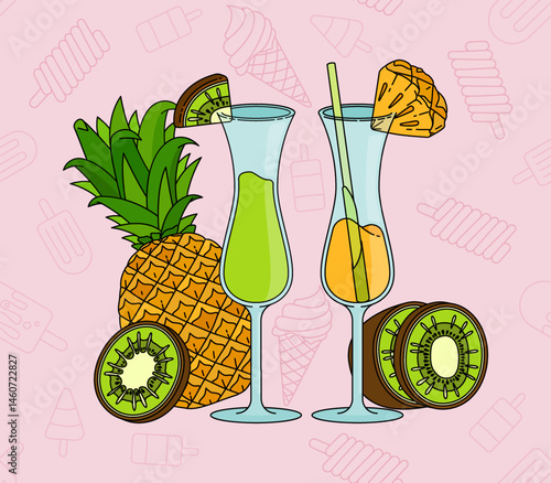 Fresh Green Kiwi and Orange Pineapple Cocktail with a Fruit Topping to Enjoy on the Beach in Summer, Offering a Perfectly Sweet and Tart Tropical Drink Experience