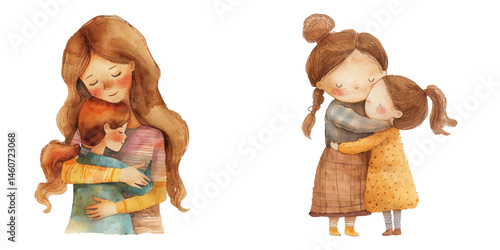 mother hugging daughter watercolor vector illustration
