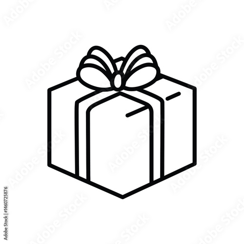 Minimalist Present Outline with Bow on Transparent Background, Square Box