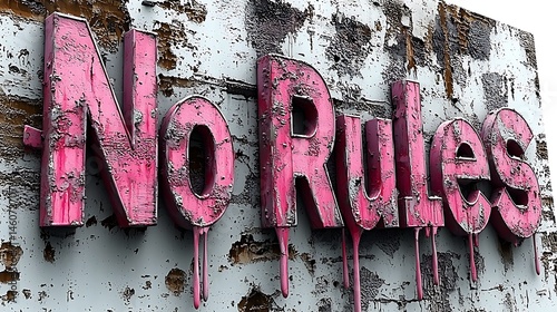 Pink, dripping sign on distressed wall, declaring absence of regulations