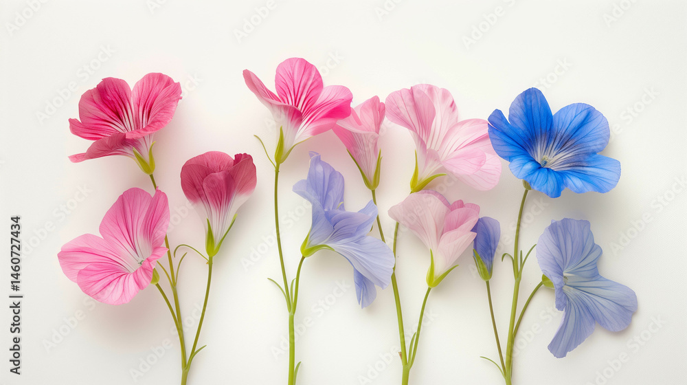 Fototapeta premium Soft pastel paper flowers in pink blue and purple tones arranged against white background