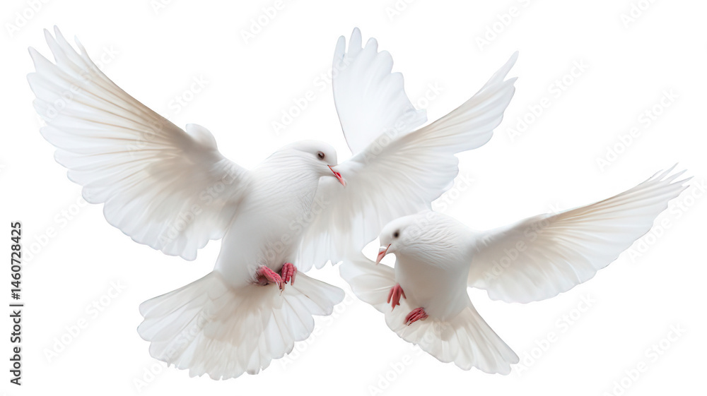 Fototapeta premium White Doves Flying with Minimal Shadow and Transparent Background