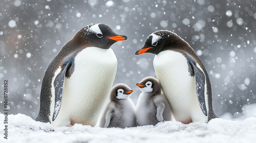 Fototapeta premium Gentoo Penguin with Two Chicks in a Snowy Landscape, Representing Family Life in the Wild