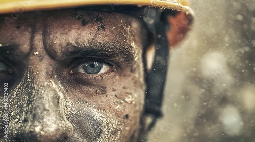 Construction Worker's Face with Hard Hat: Close-up of a construction worker's face, covered in dust and sweat, with a hard hat on and a construction site in the background.

