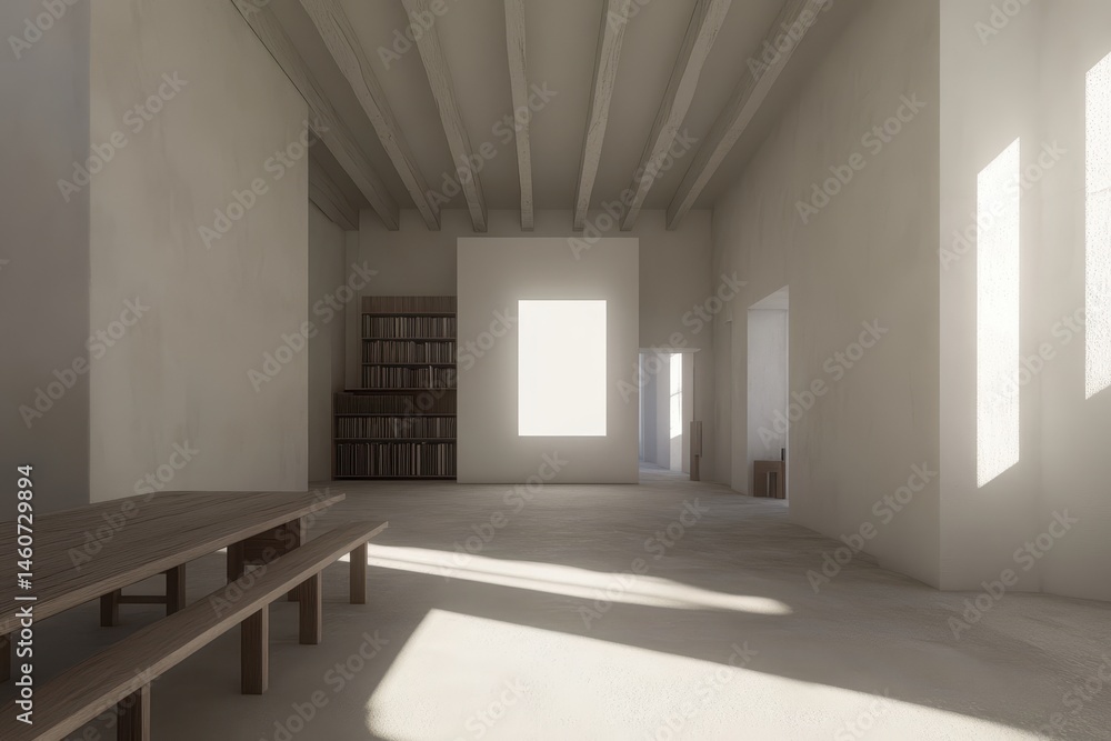 Fototapeta premium A minimalist, sunlit interior space with natural light, showcasing a neutral color palette, a wooden table and bench, and built-in bookshelves