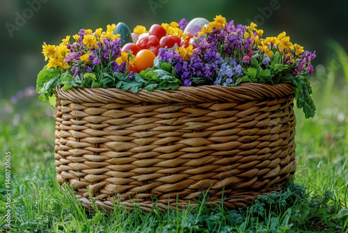 Basket with flowers and eggs.