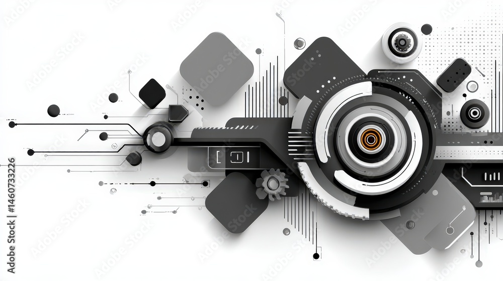 Fototapeta premium Abstract Tech Background Grey Black White Geometric Shapes Network Digital Design In