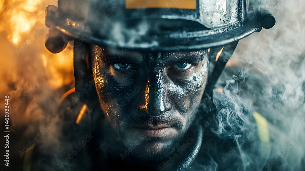Firefighter's Face in Action: A firefighter's face with intense focus, soot-covered, wearing a helmet, and surrounded by smoke.
Firefighter's Face in Action: A firefighter's face with intense focus, soot-covered, wearing a helmet, and surrounded by smoke.