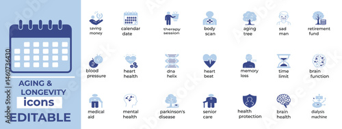 
Editable vector icons for ageing, longevity, senior care, and wellness clean design perfect for healthcare and lifestyle use