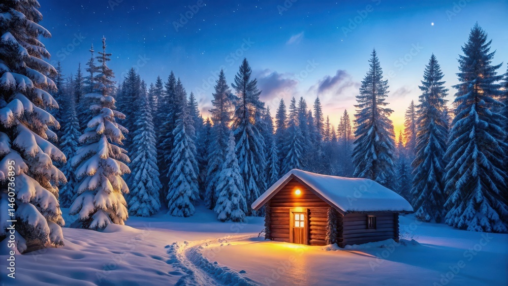 Fototapeta premium Snowy Cabin in Pine Forest at Twilight