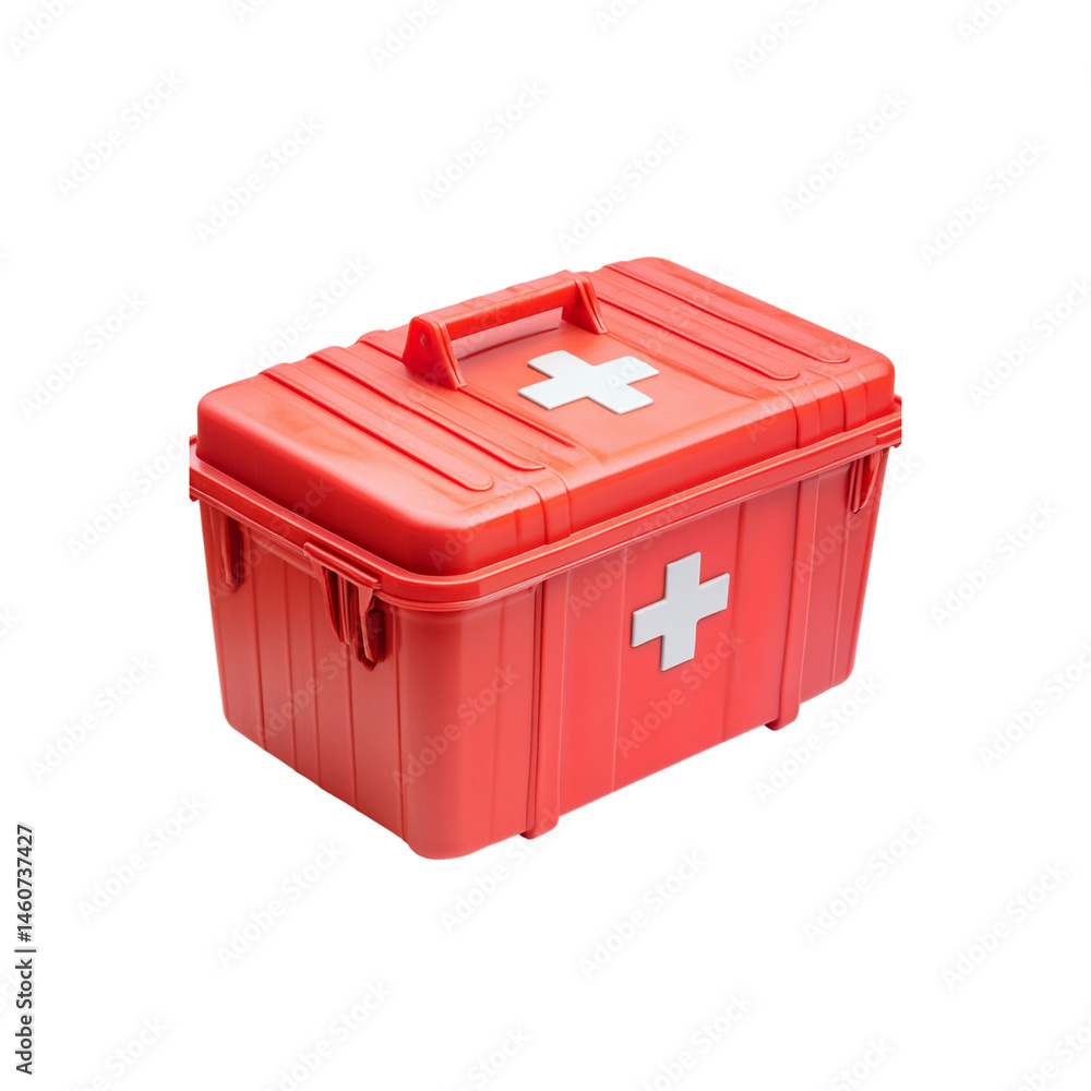 Red Plastic First Aid Kit Box with White Crosses - Isolated on Black Background Red Plastic First Aid Kit Box with White Crosses - Isolated on Black Background