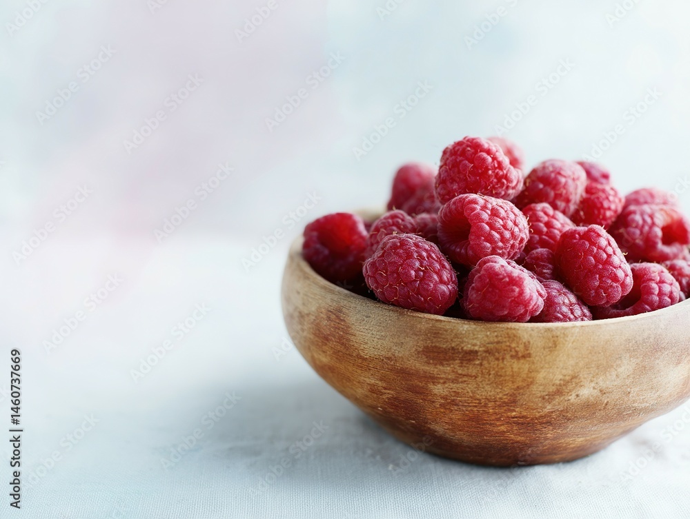Fresh raspberries in a wooden bowl on a light surface. Fresh raspberries in a wooden bowl on a light surface.