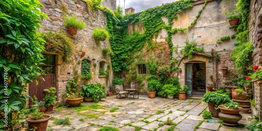 Fototapeta premium Overgrown patio with weeds and climbers on old stone walls, climbers, nature, climbers, nature,stone walls,vines, outdoor